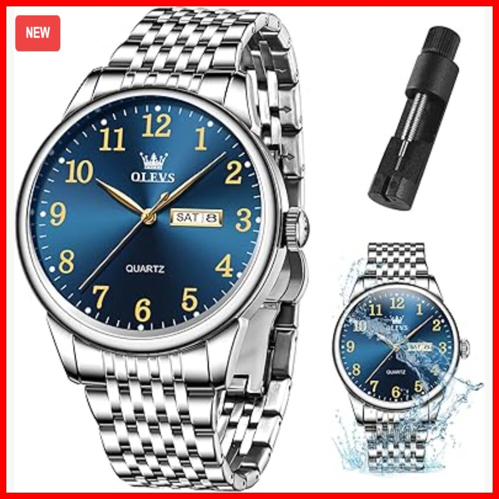 Men's Stainless Steel Quartz Watch Day Date Display Waterproof Dress Casual